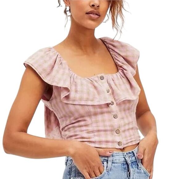 Free people corset ruffle Pink Plaid Ruffle Button-Down Top size small - Picture 1 of 8